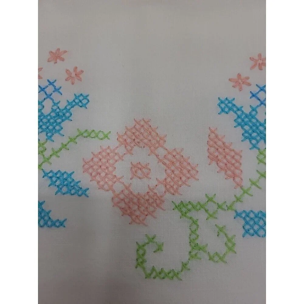 Vintage Handmade Cross Stitch Pillowcase Standard Size Floral Scalloped Edge